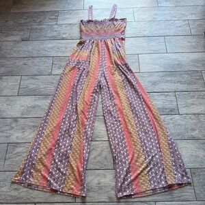 Womens M Boho Floral Stripe Smocked Wide Leg Jumpsuit Pockets Spring Fairy